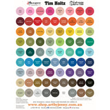 Colour Chart showing full range of Tim Holtz Distress Spray Stains to use for quick and easy colourful coverage on porous surfaces (fabric, ribbons, papers, chipboard, wood). Spray through stencils, layer colours, spritz or flick with water and watch the colours mix and blend. Fantastic for all kinds of visual arts&nbsp;including cardmaking, scrapbooking, mixed media and journaling. Made by Ranger - For sale in Australia from Art by Jenny
