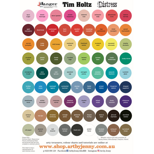 Tim Holtz Distress by Ranger - Image of a chart of round spots with the colour names in the centre. To help with your choice of colour when purchasing Distress Paint, Spray Stain, Oxide Spray, Ink Pad, Oxide Ink Pad, Reinker, Oxide Reinker, Embossing Glaze, or Archival Reinker from Art by Jenny Online Shop in Australia. Please note, while we have taken care to show a close representation, the colour may vary between screens or different mediums (inks, oxides, etc).