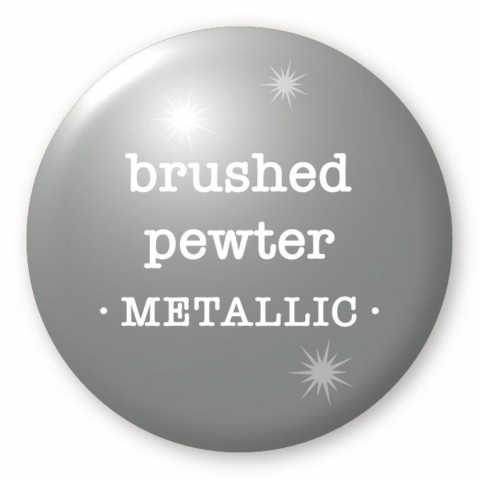 Brushed Pewter, metallic - Tim Holtz Distress by Ranger - Image of a round spot with the colour name in the centre. To coincide with your choice of colour when purchasing Distress Paint, Spray Stain, Oxide Spray, Ink Pad, Oxide Ink Pad, Reinker, Oxide Reinker, Embossing Glaze, or Archival Reinker from Art by Jenny Online Shop in Australia. Please note, while we have taken care to show a close representation, the colour may vary between screens or different mediums (inks, oxides, etc).