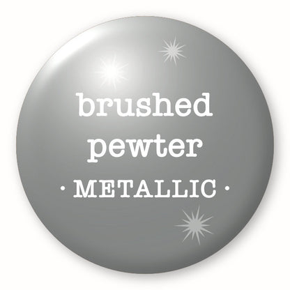 Brushed Pewter, metallic - Tim Holtz Distress by Ranger - Image of a round spot with the colour name in the centre. To coincide with your choice of colour when purchasing Distress Paint, Spray Stain, Oxide Spray, Ink Pad, Oxide Ink Pad, Reinker, Oxide Reinker, Embossing Glaze, or Archival Reinker from Art by Jenny Online Shop in Australia. Please note, while we have taken care to show a close representation, the colour may vary between screens or different mediums (inks, oxides, etc).