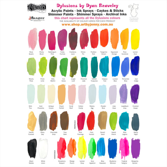 This is the colour chart for Dylusions by Dyan Reaveley range of gorgeous colours that includes Matte Acrylic Paints, Shimmer Acrylic Paints, Ink Sprays, Shimmer Sprays, Caykes & Sticks (watercolours), Archival Ink Pads and Reinkers (refill), Dyamond Dusts (Perfect Pearl Mica Powders), Dyamond Rocks (ultra thick embossing powder) and Dyamond Pebbles (fine embossing powder). Current colours as of May 2026