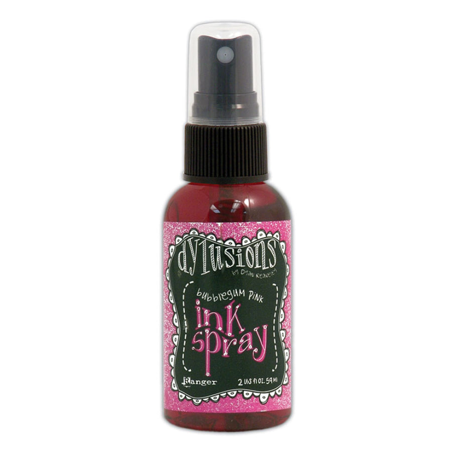 Photo of Bubblegum Pink - Dylusions by Dyan Reaveley Ink Sprays made by Ranger. Watersoluble dye based mixed media ink, dries translucent and matte on paper, card, porous surfaces. Use for spraying tones of colour, watercolour techniques, painting, colouring, blending backgrounds, stamping, stenciling, filling empty waterbrushes to make paint pens. Dylusions Ink Spray is in a 2 fl oz (59ml) bottle with sprayer applicator.