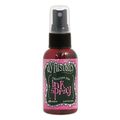 Photo of Bubblegum Pink - Dylusions by Dyan Reaveley Ink Sprays made by Ranger. Watersoluble dye based mixed media ink, dries translucent and matte on paper, card, porous surfaces. Use for spraying tones of colour, watercolour techniques, painting, colouring, blending backgrounds, stamping, stenciling, filling empty waterbrushes to make paint pens. Dylusions Ink Spray is in a 2 fl oz (59ml) bottle with sprayer applicator.