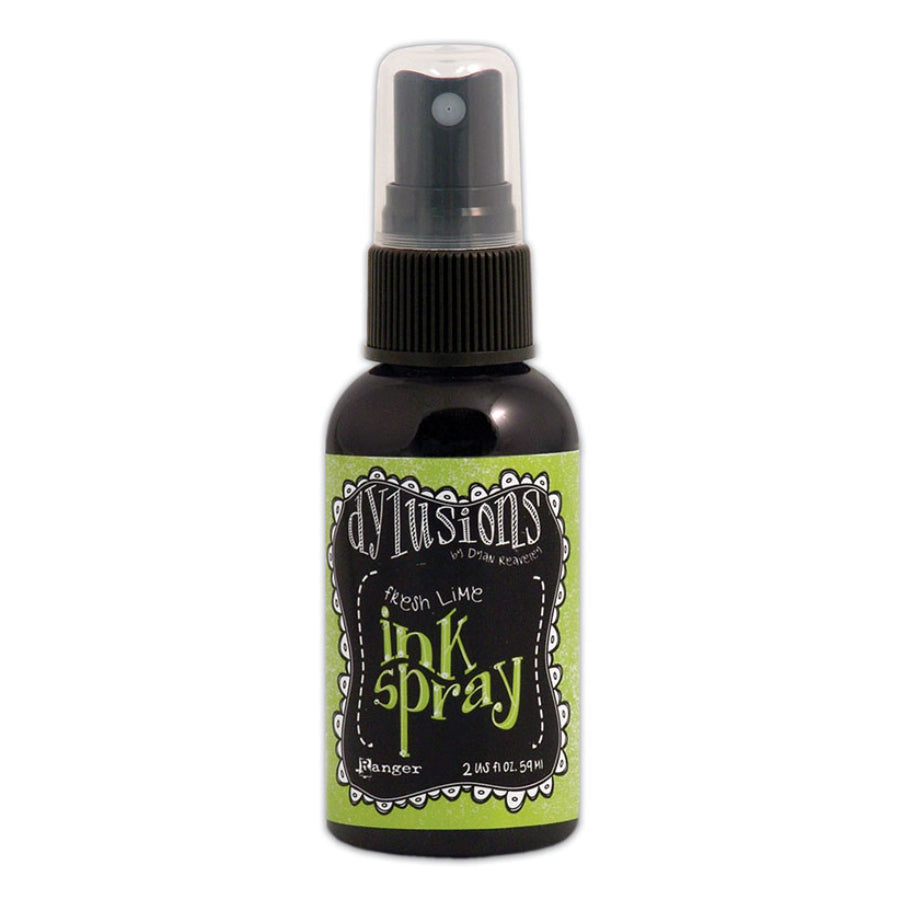 Photo of Fresh Lime - Dylusions by Dyan Reaveley Ink Sprays made by Ranger. Watersoluble dye based mixed media ink, dries translucent and matte on paper, card, porous surfaces. Use for spraying tones of colour, watercolour techniques, painting, colouring, blending backgrounds, stamping, stenciling, filling empty waterbrushes to make paint pens. Dylusions Ink Spray is in a 2 fl oz (59ml) bottle with sprayer applicator.