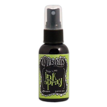 Photo of Fresh Lime - Dylusions by Dyan Reaveley Ink Sprays made by Ranger. Watersoluble dye based mixed media ink, dries translucent and matte on paper, card, porous surfaces. Use for spraying tones of colour, watercolour techniques, painting, colouring, blending backgrounds, stamping, stenciling, filling empty waterbrushes to make paint pens. Dylusions Ink Spray is in a 2 fl oz (59ml) bottle with sprayer applicator.