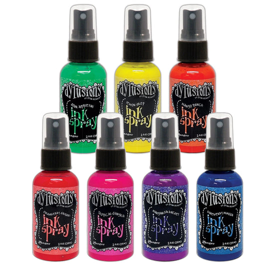 Photo of the 7 neon cocktail ultrabright colours - Dylusions by Dyan Reaveley Ink Sprays made by Ranger. Watersoluble dye based mixed media ink, dries translucent and matte on paper, card, porous surfaces. Use for spraying tones of colour, watercolour techniques, painting, colouring, blending backgrounds, stamping, stenciling, filling empty waterbrushes to make paint pens. Dylusions Ink Spray is in a 2 fl oz (59ml) bottle with sprayer applicator.