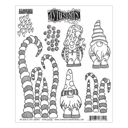 No Place Like Gnome ... Dylusions Stamp Set (DYR10008). Original designs by Dyan Reaveley, made by Stampers Anonymous out of red rubber mounted on cling foam. Perfect for mixed media, art journaling, scrapbooking, stamping on fabrics, using in papercrafts and visual arts of all kinds. 7 (seven) designs.  These fun and whimsical designs include three gnome friends (about 3" to 3.5" tall), with stripey swirly garden stalks (trees, grass, seaweed, hooks), spiral spots and little hearts.