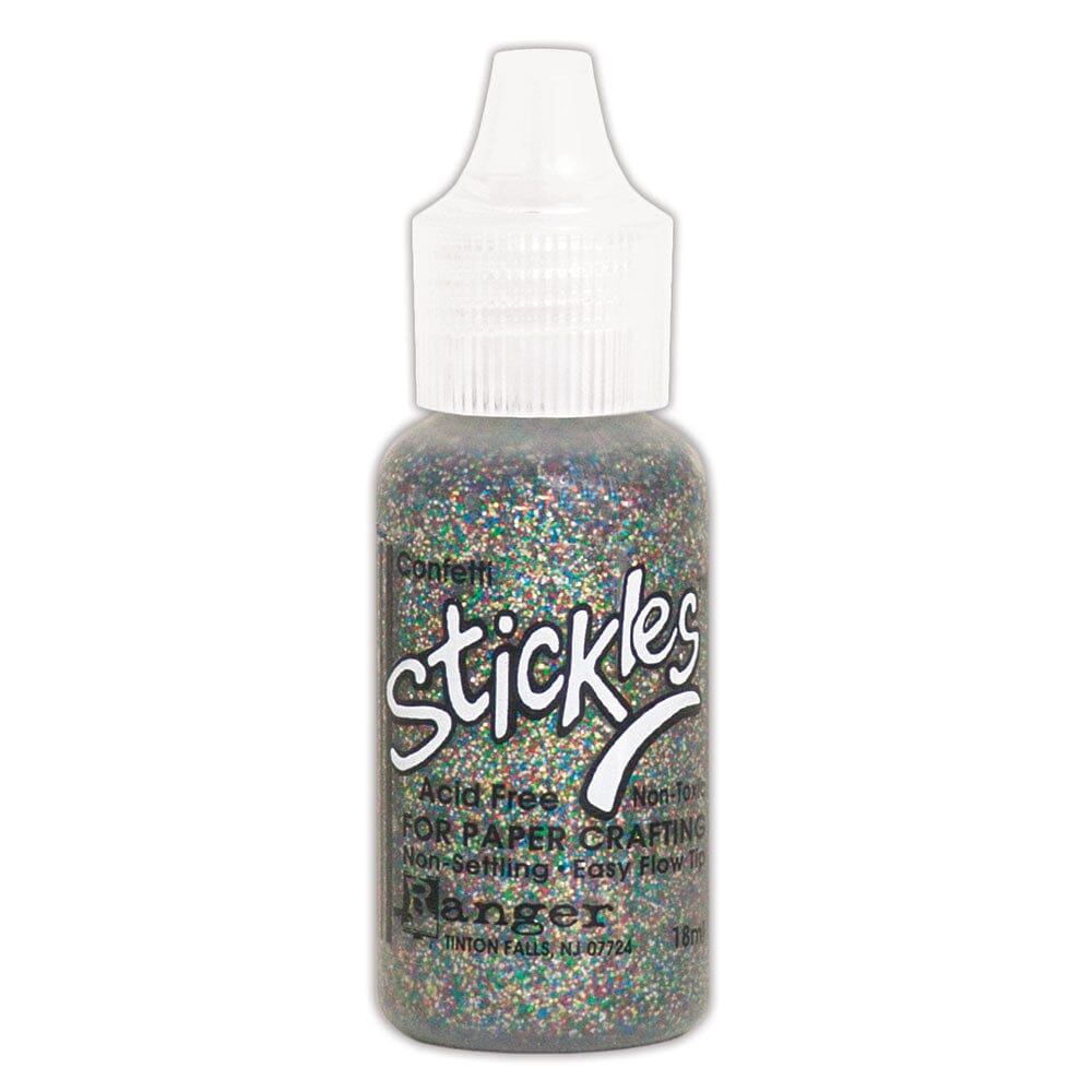 Confetti - Stickles by Ranger . Add a touch of magical sparkle everywhere you go with this beautiful and easy to use glitter glue! Stickles is a clear medium infused with an abundance of non-settling super fine sparkly glitters in a wild variety of colours. Use on papercrafts, scrapbooking, mixed media, cardmaking, visual arts of all kinds. Each bottle holds 18ml and has a fine tipped nozzle with an easy squeeze application. Once dry on porous surfaces, it is permanent and does not brush off.