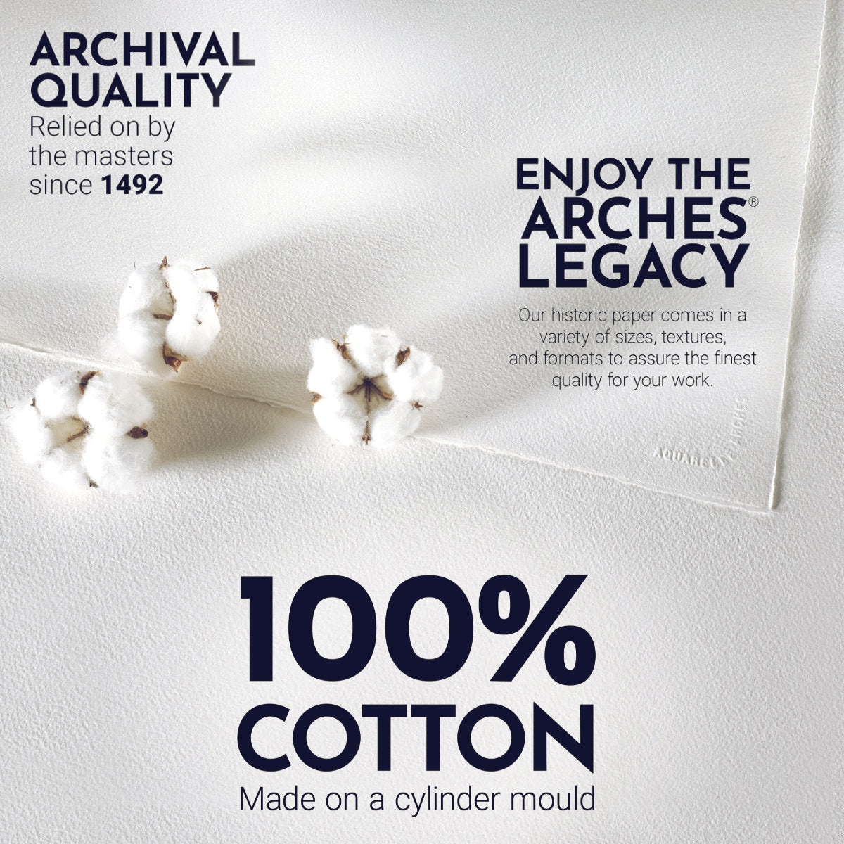 an example from Arches - featuring a photograph of fluffy cotton buds on a background of pressed Arches watercolour paper with the pressed watermark in one corner. Arches watercolour paper is a 100% cotton, aquarelle (watercolour), natural white (warm white), 140lb (300gsm) excellent quality archival paper for creativity and visual arts.