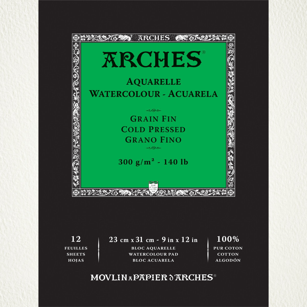 Cold Pressed Watercolour Paper, Textured, Natural White ... by Arches - pad of 100% cotton, aquarelle (watercolour), natural white (warm white), 140lb (300gsm) paper, bound along the top short edge. Size : 9" x 12" (23cm x 31cm). 12 (twelve) sheets.
Beautifully textured, this extra fine watercolour paper is perfect for all mediums - acrylic, watercolour and gouache paints, Distress, Dylusions and Dina Wakley inks, paints and mediums, watercolour pencils and pastels, crayons, oil or dry pastels, visual arts.