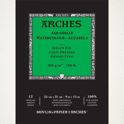 Cold Pressed Watercolour Paper, Textured, Natural White ... by Arches - pad of 100% cotton, aquarelle (watercolour), natural white (warm white), 140lb (300gsm) paper, bound along the top short edge. Size : 9" x 12" (23cm x 31cm). 12 (twelve) sheets.
Beautifully textured, this extra fine watercolour paper is perfect for all mediums - acrylic, watercolour and gouache paints, Distress, Dylusions and Dina Wakley inks, paints and mediums, watercolour pencils and pastels, crayons, oil or dry pastels, visual arts.