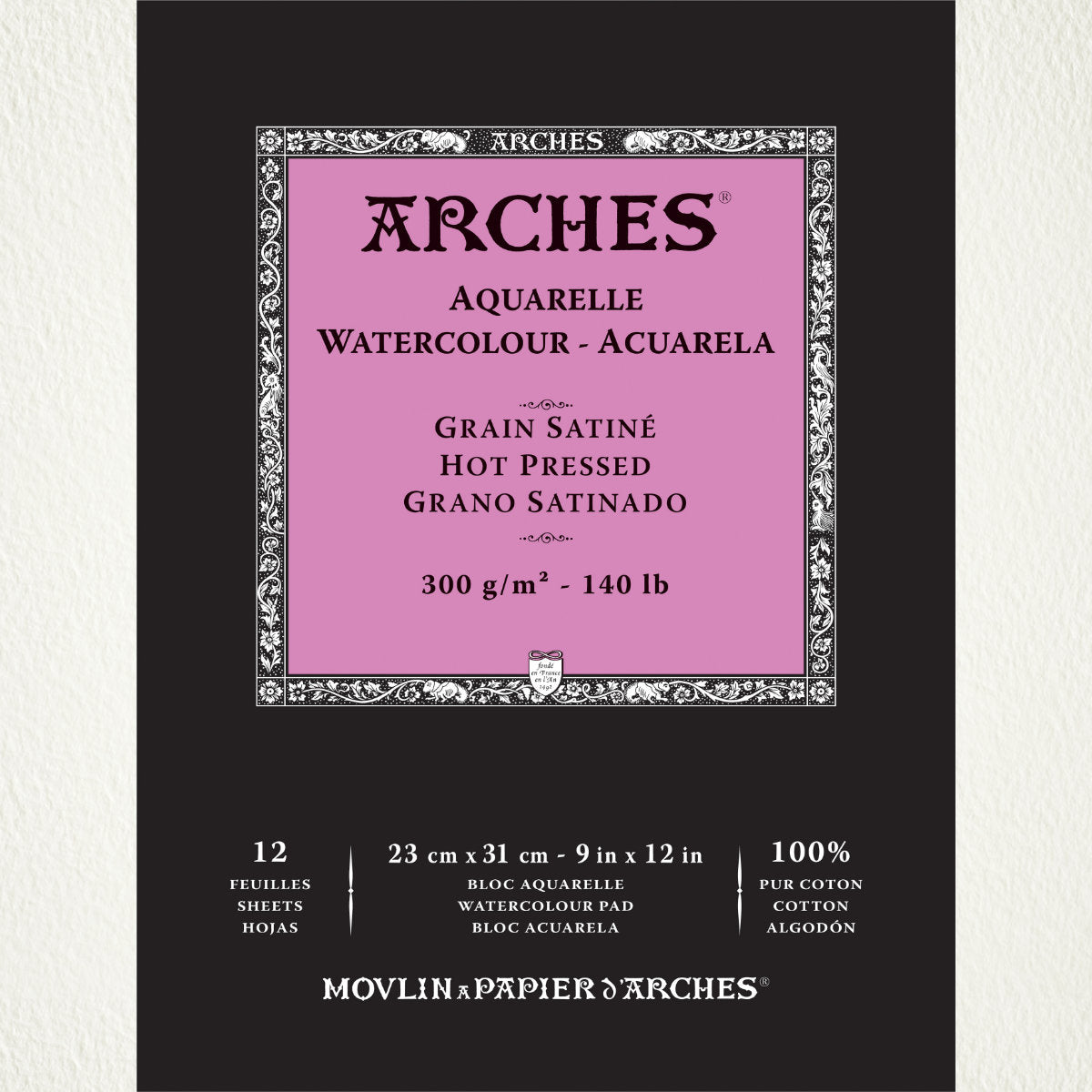 Hot Pressed Watercolour Paper, Smooth, Natural White ... by Arches - pad of 100% cotton aquarelle (watercolour), natural white (warm white), 140lb (300gsm) paper, bound along the top short edge. Size : 9" x 12" (23cm x 31cm). 12 (twelve) sheets. 
Beautifully smooth extra fine watercolour paper for all mediums - acrylic, watercolour and gouache paints, Distress, Dylusions and Dina Wakley inks, paints and mediums, watercolour pencils and pastels, crayons, oil or dry pastels, colouring pencils and graphite.