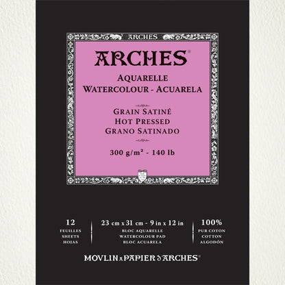 Hot Pressed Watercolour Paper, Smooth, Natural White ... by Arches - pad of 100% cotton aquarelle (watercolour), natural white (warm white), 140lb (300gsm) paper, bound along the top short edge. Size : 9" x 12" (23cm x 31cm). 12 (twelve) sheets. 
Beautifully smooth extra fine watercolour paper for all mediums - acrylic, watercolour and gouache paints, Distress, Dylusions and Dina Wakley inks, paints and mediums, watercolour pencils and pastels, crayons, oil or dry pastels, colouring pencils and graphite.