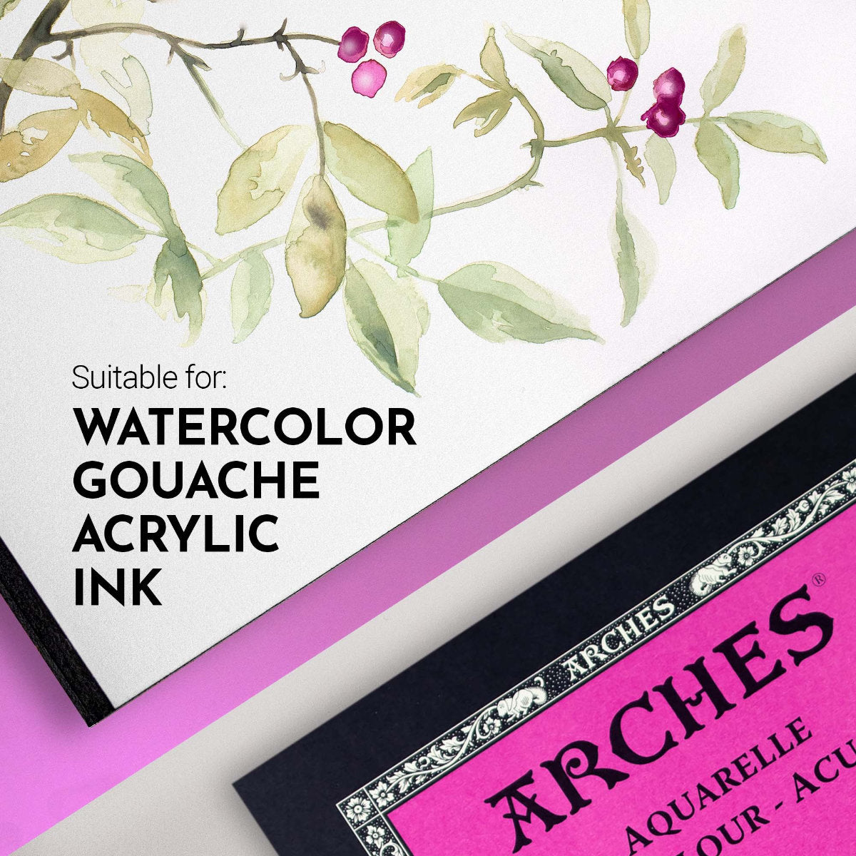 an example from Arches - featuring watercolour painted foliage and berries over the background of the Hot Pressed Watercolour Paper, Smooth, Natural White ... by Arches - pad of 100% cotton, aquarelle (watercolour), natural white (warm white), 140lb (300gsm) paper, bound along the top short edge. Size : 9" x 12" (23cm x 31cm). 12 (twelve) sheets of beautifully smooth fine artists' paper for creativity and visual arts.
