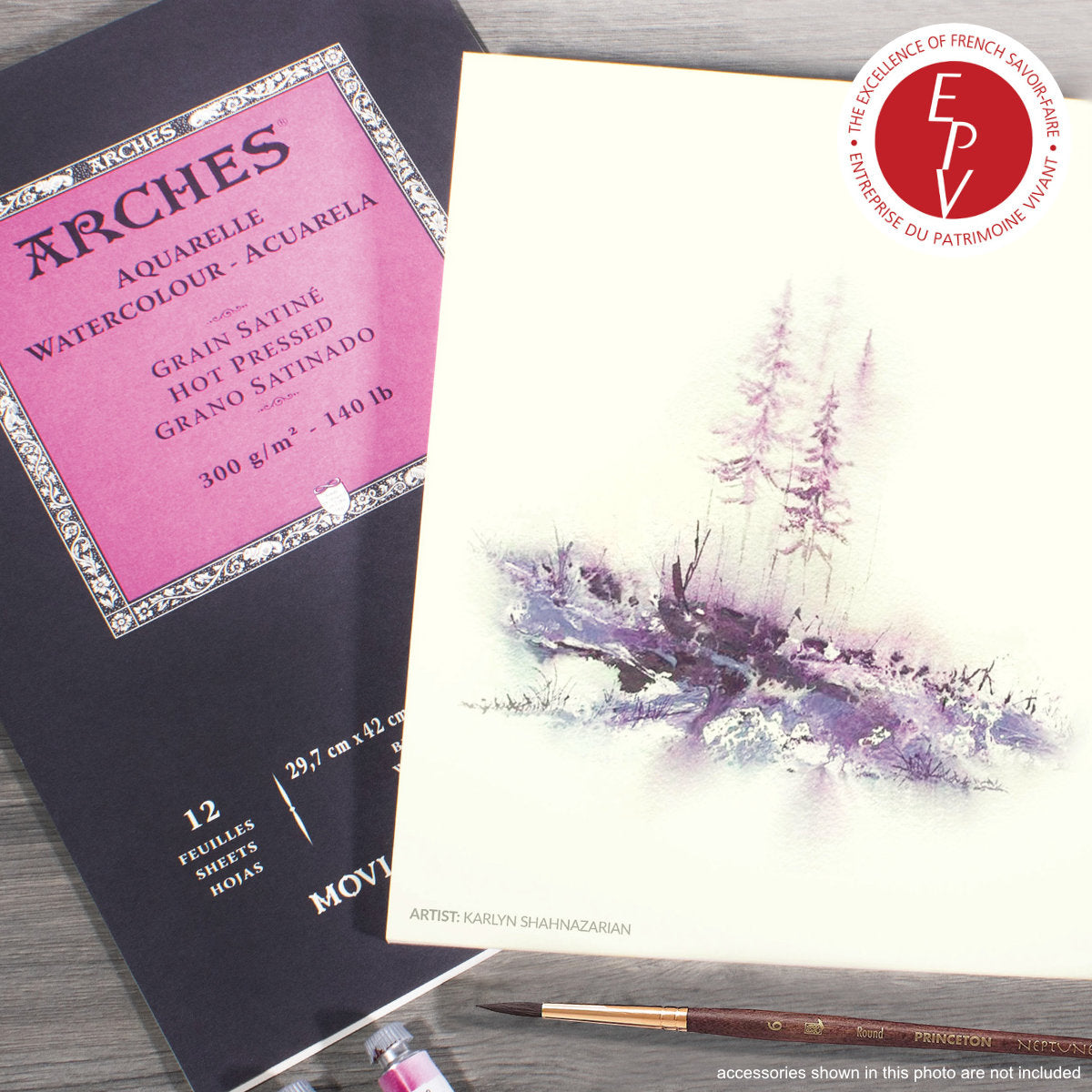 an example from Arches - featuring watercolour painted foliage and berries over the background of the Hot Pressed Watercolour Paper, Smooth, Natural White ... by Arches - pad of 100% cotton, aquarelle (watercolour), natural white (warm white), 140lb (300gsm) paper, bound along the top short edge. Size : 9" x 12" (23cm x 31cm). 12 (twelve) sheets of beautifully smooth fine artists' paper for creativity and visual arts.