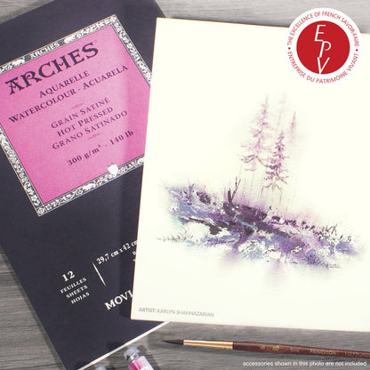 an example from Arches - featuring watercolour painted foliage and berries over the background of the Hot Pressed Watercolour Paper, Smooth, Natural White ... by Arches - pad of 100% cotton, aquarelle (watercolour), natural white (warm white), 140lb (300gsm) paper, bound along the top short edge. Size : 9" x 12" (23cm x 31cm). 12 (twelve) sheets of beautifully smooth fine artists' paper for creativity and visual arts.