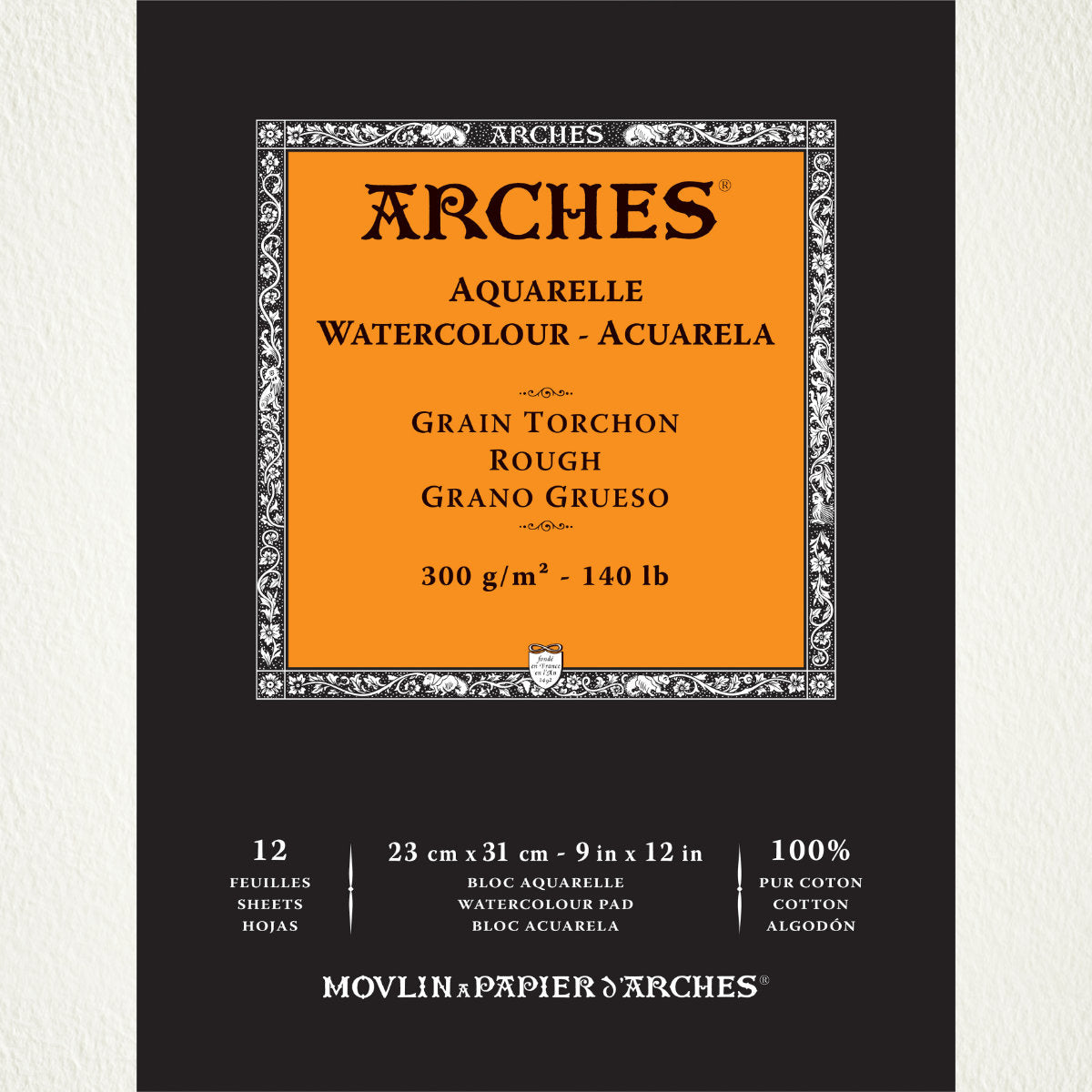 Rough Textured Watercolour Paper, Natural White ... by Arches - pad of 100% cotton, aquarelle (watercolour), natural white (warm white), 140lb (300gsm) paper, bound along the top short edge. Size : 9" x 12" (23cm x 31cm). 12 (twelve) sheets. Beautifully textured with a rough grain for wonderful blends and gradients of colour, this extra fine watercolour paper is perfect for all mediums - acrylic, watercolour and gouache paints, Distress, Dylusions and Dina Wakley inks, paints and mediums, and more.
