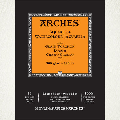 Rough Textured Watercolour Paper, Natural White ... by Arches - pad of 100% cotton, aquarelle (watercolour), natural white (warm white), 140lb (300gsm) paper, bound along the top short edge. Size : 9" x 12" (23cm x 31cm). 12 (twelve) sheets. Beautifully textured with a rough grain for wonderful blends and gradients of colour, this extra fine watercolour paper is perfect for all mediums - acrylic, watercolour and gouache paints, Distress, Dylusions and Dina Wakley inks, paints and mediums, and more.