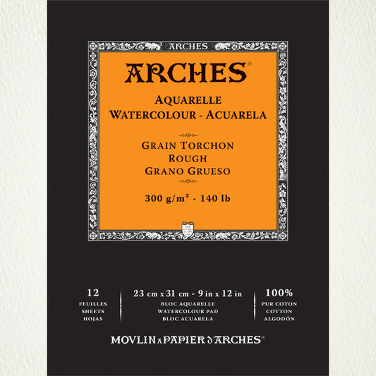 Rough Textured Watercolour Paper, Natural White ... by Arches - pad of 100% cotton, aquarelle (watercolour), natural white (warm white), 140lb (300gsm) paper, bound along the top short edge. Size : 9" x 12" (23cm x 31cm). 12 (twelve) sheets. Beautifully textured with a rough grain for wonderful blends and gradients of colour, this extra fine watercolour paper is perfect for all mediums - acrylic, watercolour and gouache paints, Distress, Dylusions and Dina Wakley inks, paints and mediums, and more.