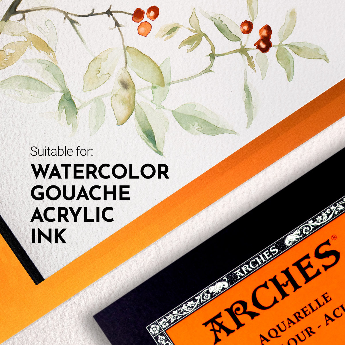 an example from Arches - featuring watercolour painted foliage and berries over the background of the Rough grain Watercolour Paper, textured, Natural White ... by Arches - pad of 100% cotton, aquarelle (watercolour), natural white (warm white), 140lb (300gsm) paper, bound along the top short edge. Size : 9" x 12" (23cm x 31cm). 12 (twelve) sheets of beautifully smooth fine artists' paper for creativity and visual arts.