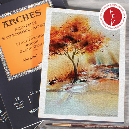 an example from Arches - featuring watercolour painted foliage and berries over the background of the Rough grain Watercolour Paper, textured, Natural White ... by Arches - pad of 100% cotton, aquarelle (watercolour), natural white (warm white), 140lb (300gsm) paper, bound along the top short edge. Size : 9" x 12" (23cm x 31cm). 12 (twelve) sheets of beautifully smooth fine artists' paper for creativity and visual arts.