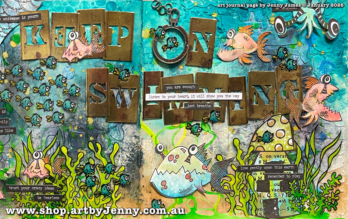 section of an art journal page created by Jenny James using inks, paints, stains, stamped images on watercolour paper, Tim Holtz Idea-Ology pieces, transparent layers and thoughts written using stickers - all in the theme of keep on swimming (keep going, do your best, trust your crazy ideas, be fearless). 