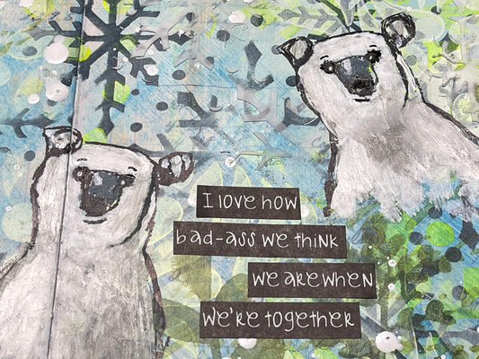 Two polar bears with a funny and motivational quote on a textured background.