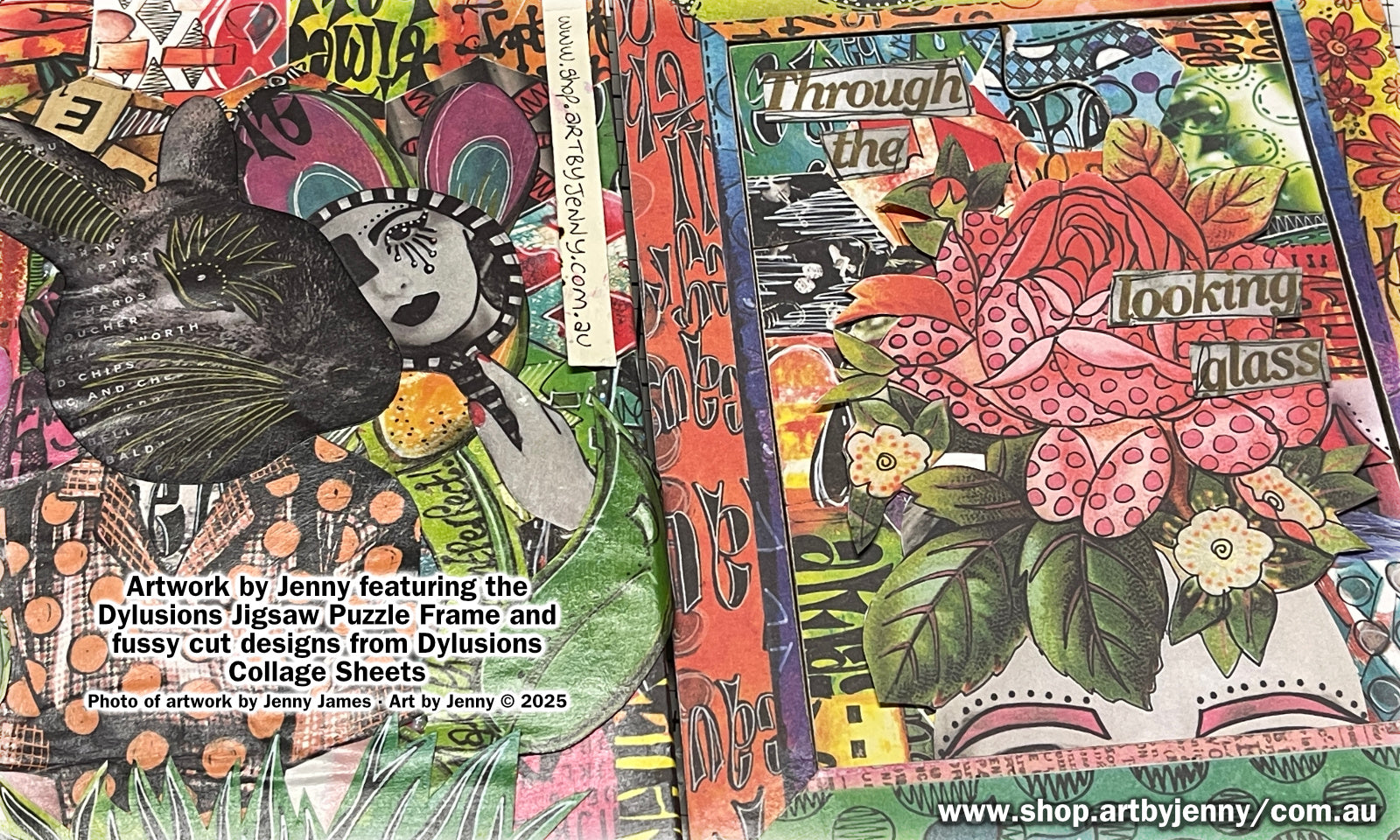 Artwork by Jenny James 2025 using Dyan Reaveley's Dylusions papercraft supplies including Collage Sheets, Jigsaw Puzzle Frame, tools and adhesive