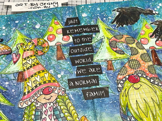 Colourful art journal page made using Dina Wakley and Dyan Reaveley stamps, paints and watercolour pencils. Made by Jenny James, Art by Jenny. Photo shows a closeup of gnomes, quirky quote, trees, flying crow.
