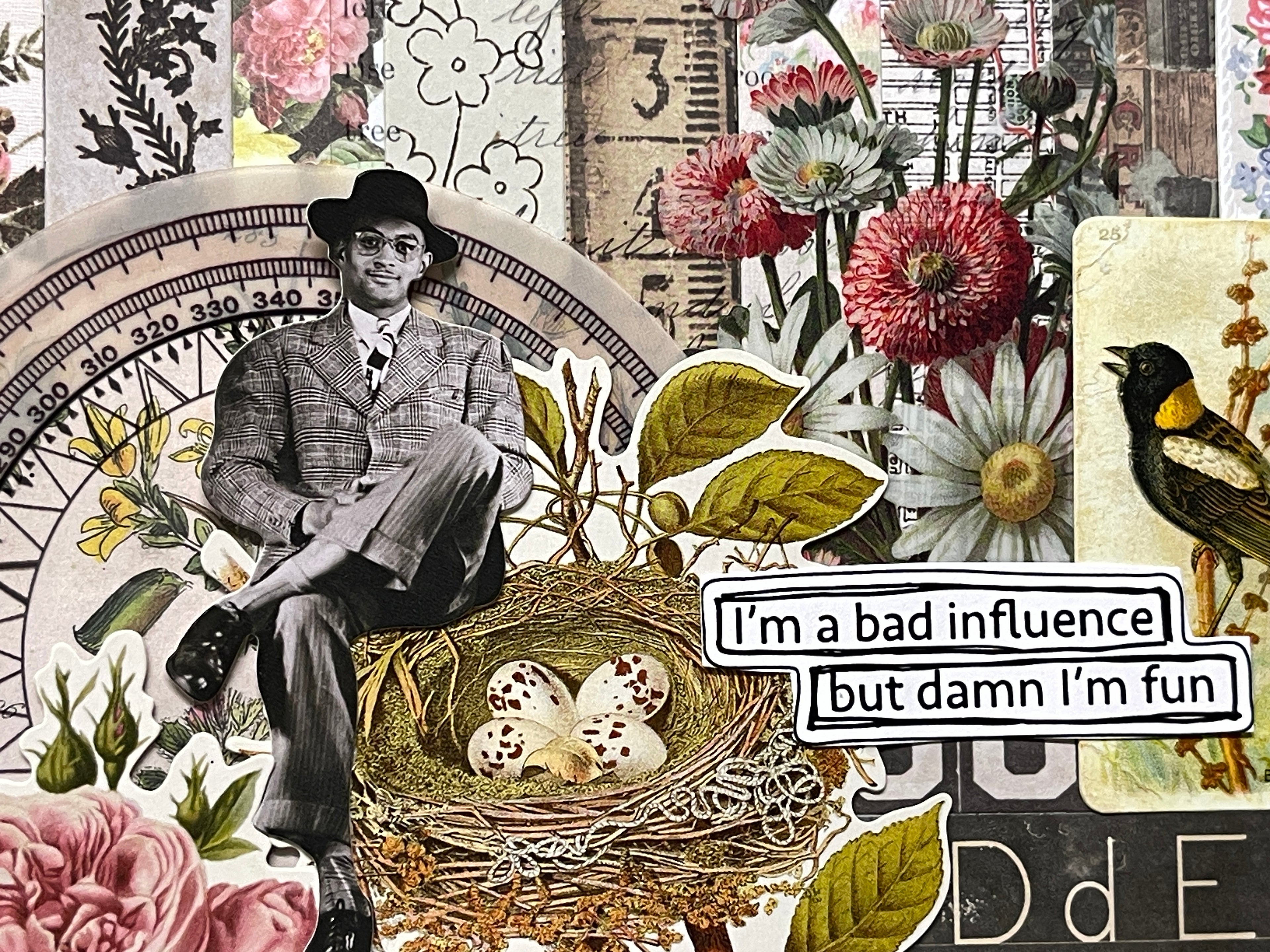 Collage with a man in a suit, birds, flowers, and text overlay.