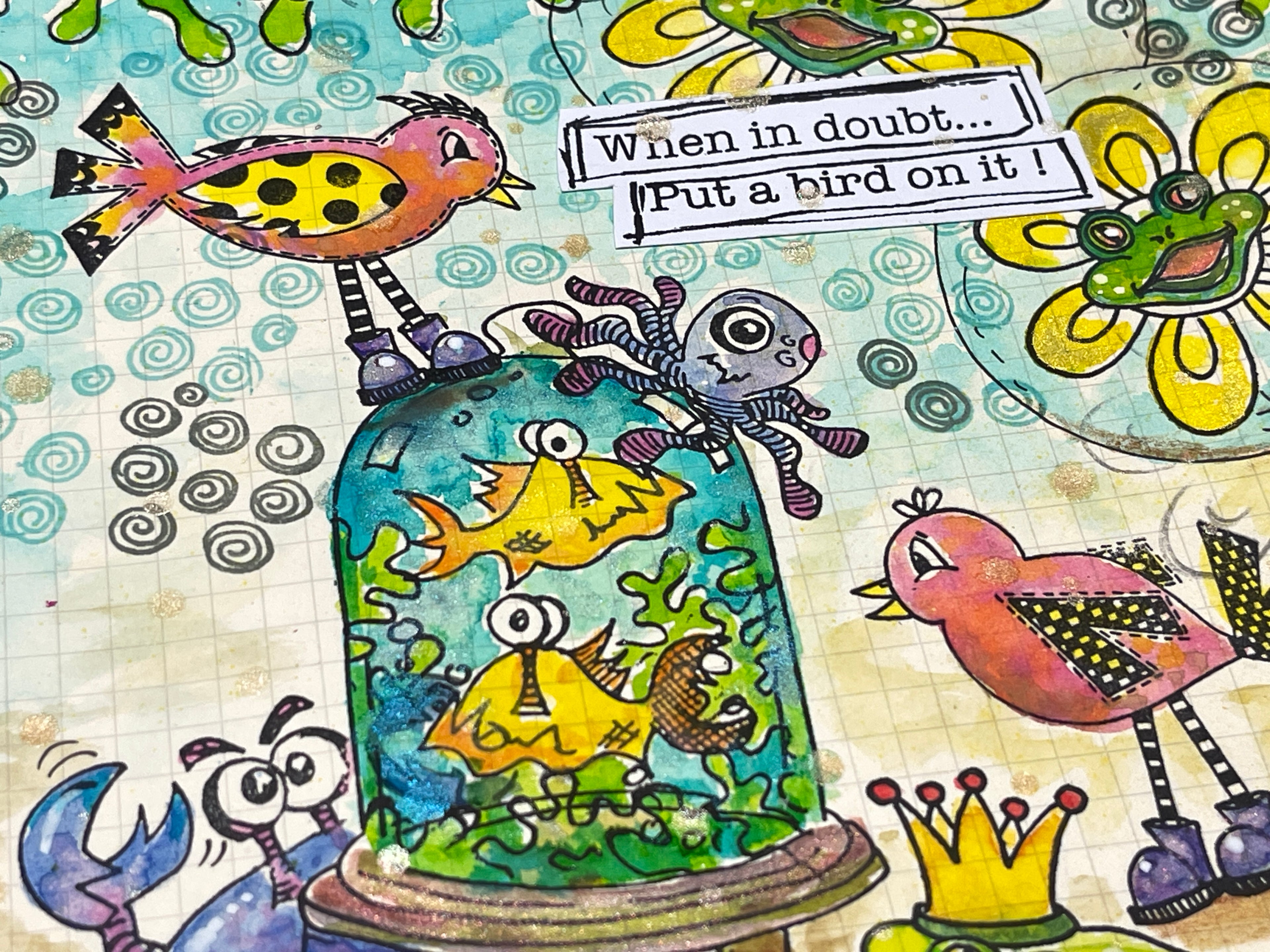 Finished - close up of fishtank - a colourful fun scene in my ledger journal, of animal and bird friends around an aquarium. Made using Dyan Reaveley rubber stamps with handmade masks, Ranger ink pads, Dylusions ledger journal and inks, Distress Spritz, Recoil scissors, glass media mat, Dylusions Sticks & Caykes and Distress watercolour pencils. Made by Jenny James, Art by Jenny.