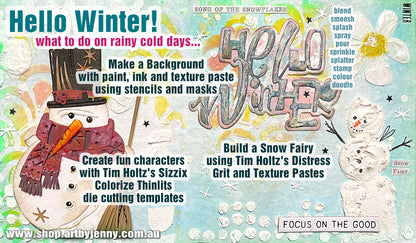Artwork made using Winston Thinlits Colorize Die Cutting Templates by Tim Holtz, made by Sizzix (no.665569). 
Winston as shown here has a woolly scarf, top hat with sparkles, a witch's style broom (what I call a proper broom with bristles and tied onto the stick, handle), 3 buttons and carrot for his nose (as one does). Size complete, 7cm x 12cm on a journal page 6"x12" wide showing arty things to make in winter.