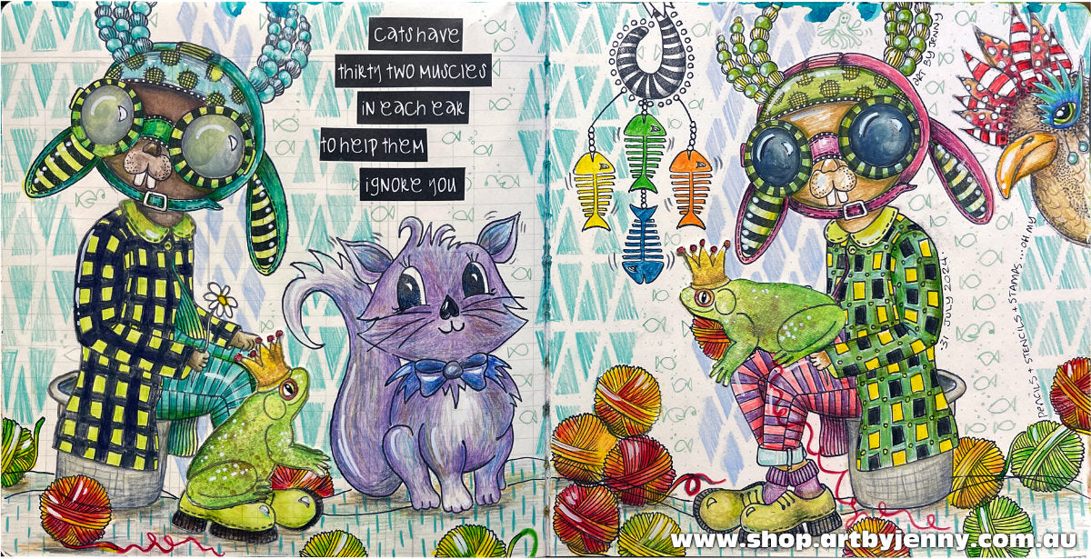 Art by Jenny James using Dyan Reaveley's Dylusions rubber stamps (Thoughts in my Head, Funny Bunny, Stevie, Purrfect), Caran D'ache Luminance and Tim Holtz Distress Pencils, Distress Spritz Mica shimmers, Bigger Back Chat stickers, white Sharpie Creative Marker, Dina Wakley MEdia stencils, Dylusions Ledger 8x8 Art Journal.