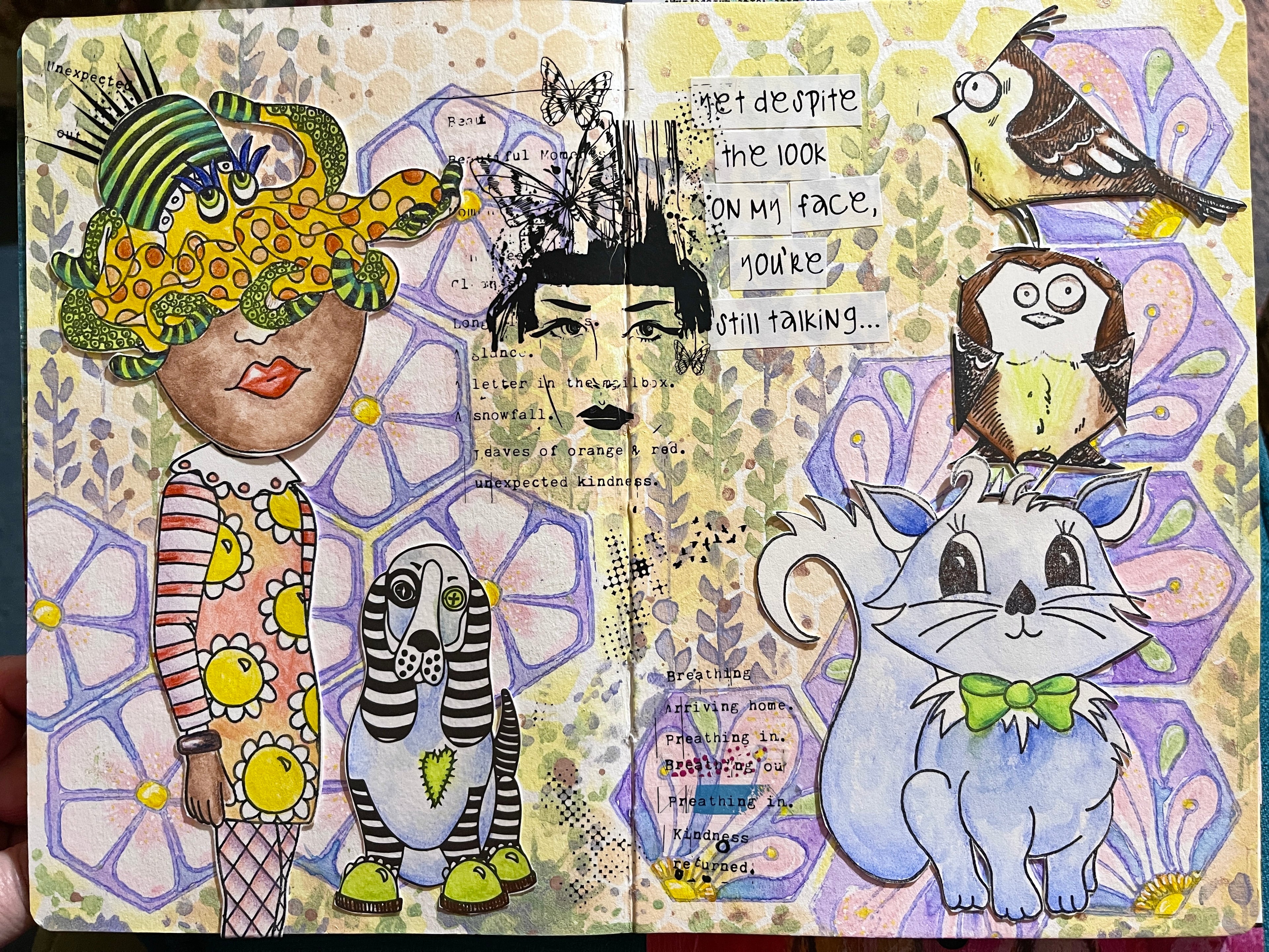 Artistic illustration of a person, dog, cat, octopus, and bird with text on a colorful hexie pastel coloured background.