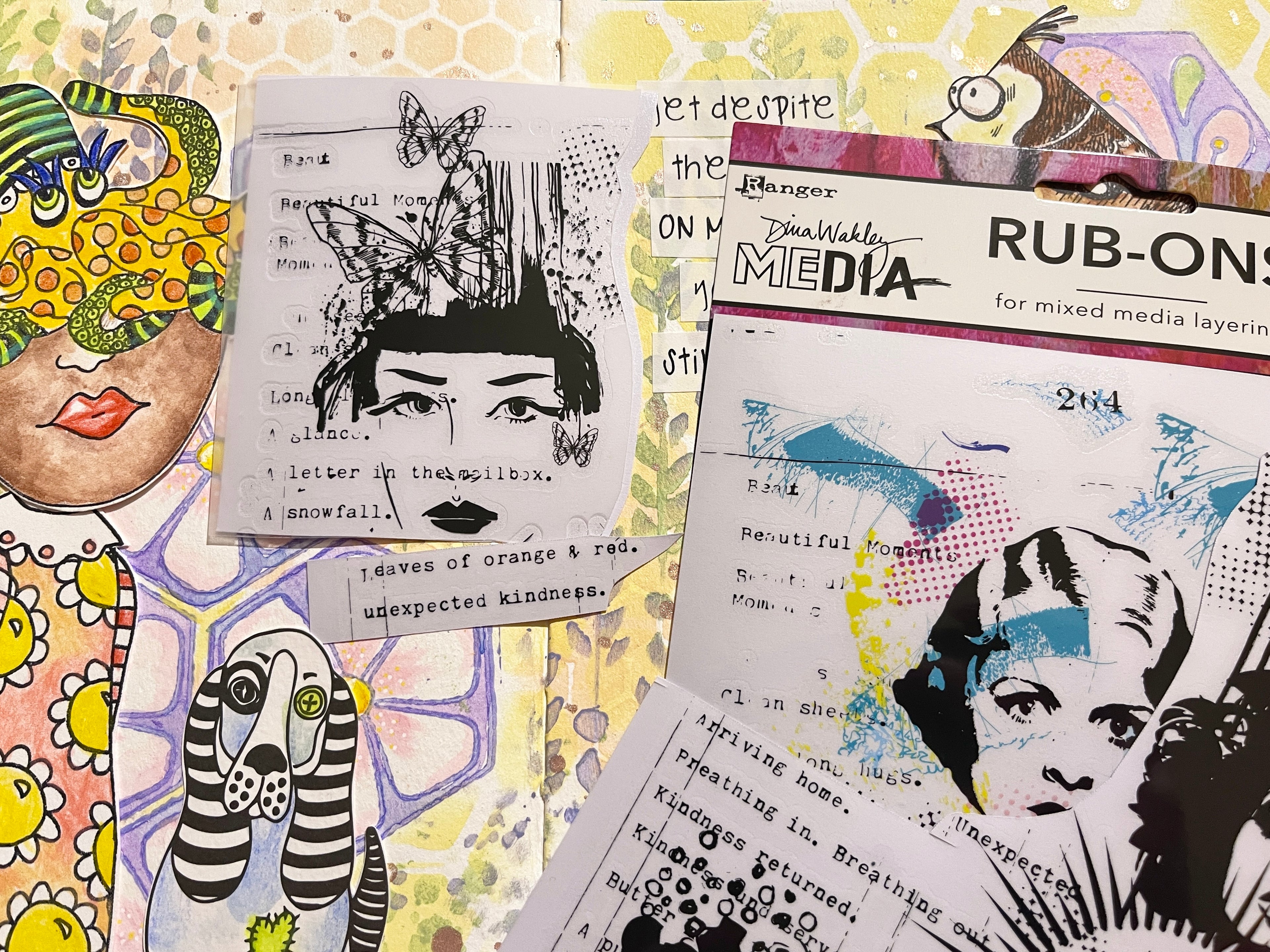 Collage of artistic eclectic elements of cat, birds, octopus, girl, butterflies with text  on a pastel infused hexie patterned background. Dylusions Paint, various stamps, Dina Wakley rubon transfer stickers.