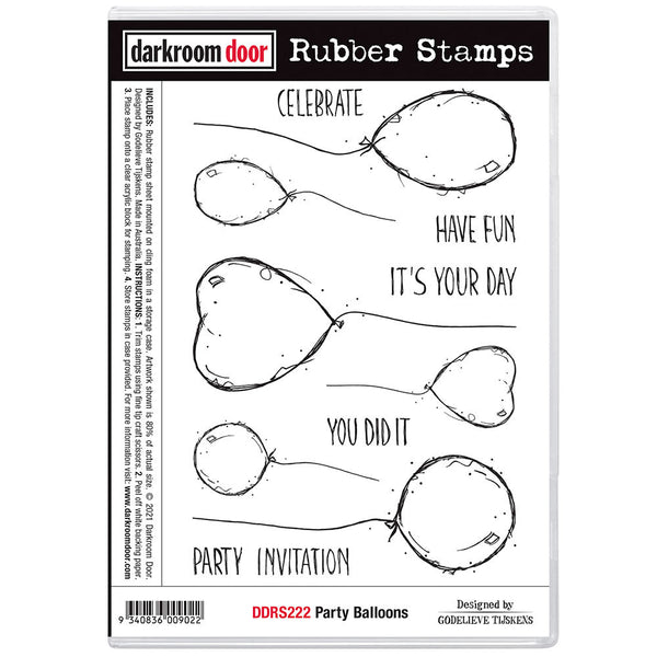 Party Balloons ... by Darkroom Door - cling mounted red rubber stamps for visual arts, papercraft and scrapbooking (DDRS222). 11 (eleven) designs.  A wonderful set of party designs to enjoy! 6 (six) balloons in two sizes (heart, oval, round) plus 5 (five) greetings in inky uppercase (celebrate, have fun, it's your day, you did it, party invitation). 
