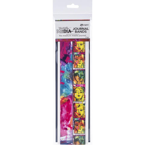 Journal Bands - Medium ... by Dina Wakley MEdia and Ranger. Smooth and silky to the touch, wide elastic band to suit medium to large sized books. Pack of 2 (two) bands, each 242mm (9.5 inch) x 25mm (1 inch) wide. MDA65685. One Journal Band features black sketchy inky faces in squares over a yellow, pink abstract background. The other band features an abstract painted background of pinks, blues, purples with smattering of white and golden yellow. 