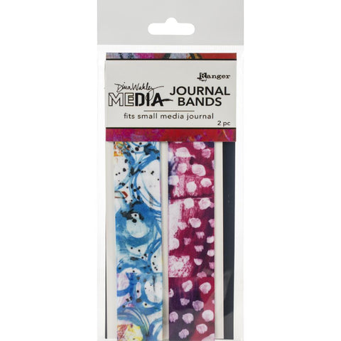 Journal Bands - Small ... by Dina Wakley MEdia and Ranger. Smooth and silky to the touch, wide elastic band to suit books sized A5, 5x8 and 6x6. Pack of 2 (two) bands, each 153mm x 25mm (1 inch) wide. One Small Journal Band features blue inky rings with yellow splotches and speckles of black on a white background. The other band features a distressed abstract dark pink background with white spots.