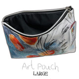 Art Pouch - Large ... Canvas Storage Case - by Dina Wakley MEdia. Printed canvas storage pouch, lined in black fabric with metal zipper and oval shaped pull-tag. Beautiful accessory pouch or pencil case, 9 1/2" x 12" wide. Image of the brush storage case featuring mindful artwork of woman or girl in inky outlines on blue abstract background. Photo of the open Art Pouch.