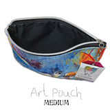 Art Pouch - Medium ... Canvas Storage Case - by Dina Wakley MEdia. Printed canvas storage pouch, lined in black fabric with metal zipper and oval shaped pull-tag. Beautiful accessory pouch or pencil case, 6 1/2" x 9" wide. Photo of the open Art Pouch.