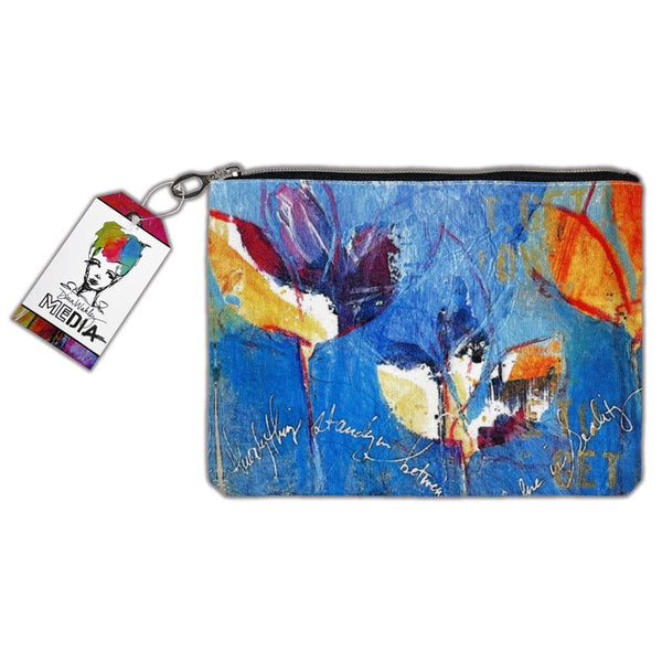 Art Pouch - Medium ... Canvas Storage Case - by Dina Wakley MEdia. Printed canvas storage pouch, lined in black fabric with metal zipper and oval shaped pull-tag. Beautiful accessory pouch or pencil case, 6 1/2" x 9" wide. Image of the beautiful blue brush case featuring leafy design.