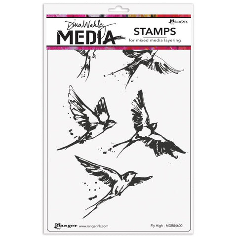 Flying High - Stamps by Dina Wakley MEdia ... red rubber stamps featuring sketched birds flying at different angles, wings outstretched. Set of 5 (five) designs (MDR84600) for use in papercrafts, stamping, journaling, mixed media, visual arts. Designed by Dina Wakley and manufactured by Stampers Anonymous for Ranger Ink (Ranger Industries). Each design is deeply etched into high quality, long lasting red rubber, mounted onto grey cling foam, trimmed ready to use.