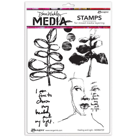 Healing and Light - Stamps by Dina Wakley MEdia featuring sketched portrait, leaves and quotes. Set of 5 (five) designs (MDR84709) for use in papercrafts, stamping, journaling, mixed media, visual arts. Dina Wakley MEdia Cling Mounted Rubber Stamps are designed by Dina Wakley and manufactured by Stampers Anonymous for Ranger Ink (Ranger Industries). Each design is deeply etched into high quality, long lasting red rubber, mounted onto grey cling foam, trimmed ready to use.
