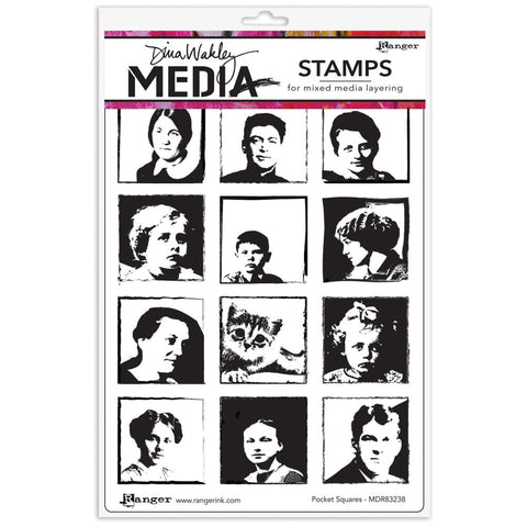 Pocket Squares - Stamps by Dina Wakley MEdia featuring portraits of people and a cat (kitten). Set of 12 (twelve) designs (MDR83238) for use in papercrafts, stamping, journaling, mixed media, visual arts. Dina Wakley MEdia Cling Mounted Rubber Stamps are designed by Dina Wakley and manufactured by Stampers Anonymous for Ranger Ink (Ranger Industries). Each design is deeply etched into high quality, long lasting red rubber, mounted onto grey cling foam, trimmed ready to use.