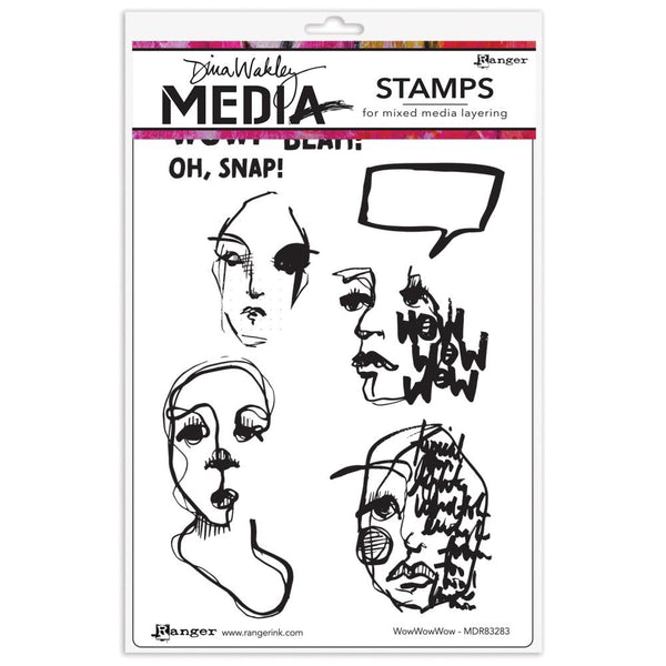WowWowWow - Stamps by Dina Wakley MEdia ... featuring inky portraits of people, quotes and speech bubble. Set of 6 (six) designs (MDR83283) for use in papercrafts, stamping, journaling, mixed media, visual arts. Dina Wakley MEdia Cling Mounted Rubber Stamps are designed by Dina Wakley and manufactured by Stampers Anonymous for Ranger Ink (Ranger Industries). Each design is deeply etched into high quality, long lasting red rubber, mounted onto grey cling foam, trimmed ready to use.