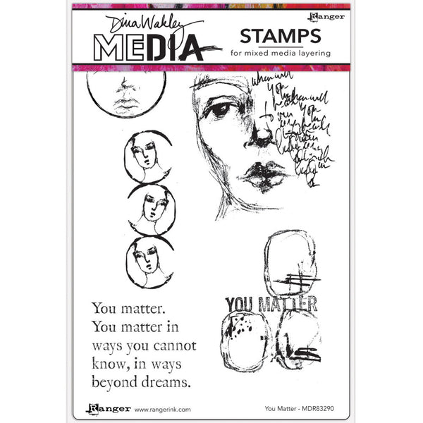 You Matter - Stamps by Dina Wakley MEdia ... red rubber stamps featuring 4 illustrations and 1 quote. Set of 5 (five) designs (MDR83290) for use in papercrafts, stamping, journaling, mixed media, visual arts.  Dina Wakley MEdia rubber stamp set includes a large kindly face with script across one side, sketchy circles with faces and a positive message typed in a serif font, similar to Times Roman.