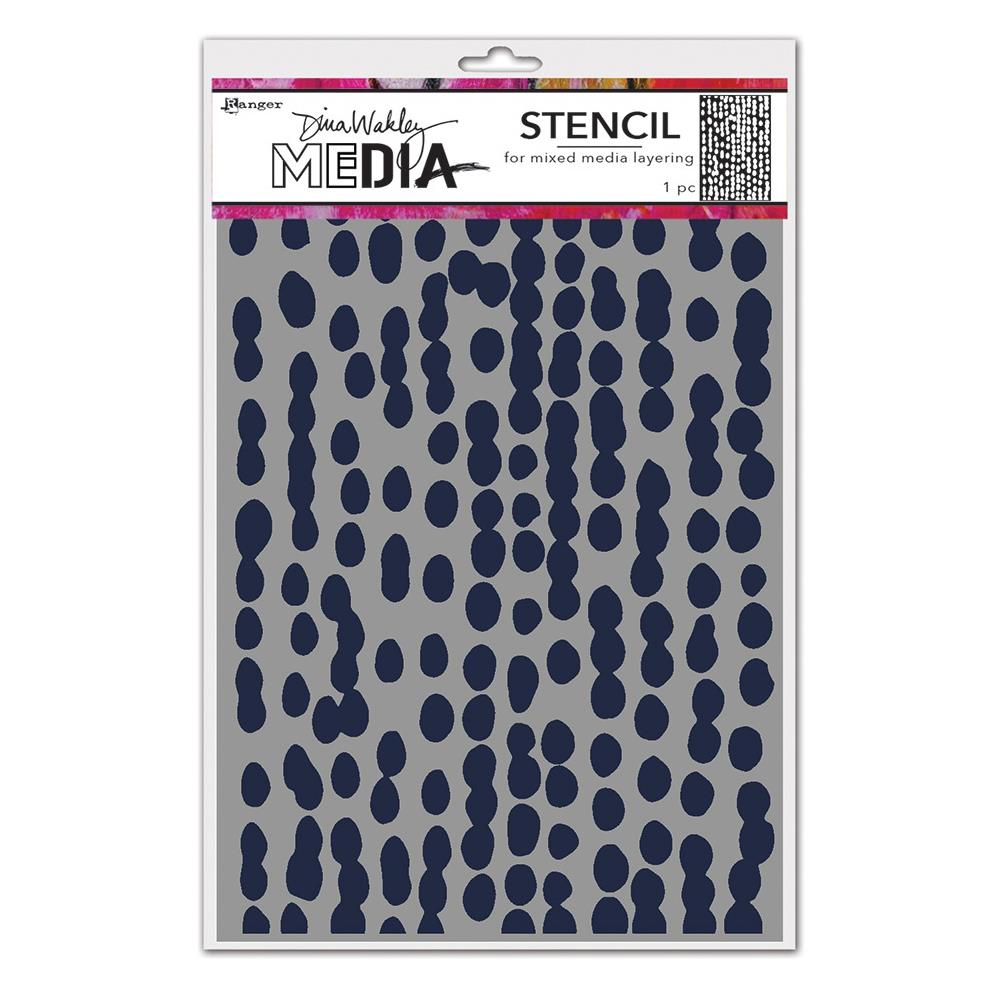Mushy Dots - Dina Wakley MEdia and Ranger ... Stencil for layering colour, texture and patterns in mixed media, visual arts and papercrafts (MDS83092). 1 (one) stencil featuring organic shaped dots and splotchy spots in vertical rows over the whole area, some joined together to form lumpy fat lines, 6"x9".Stencils are fantastic versatile tools and easy to use. Simply use a sponge or stencil brush to apply your paint or ink to the area required. Lift the stencil or mask carefully to reveal.