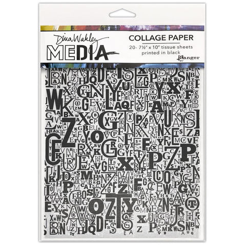 Jumbled Letters - Collage Tissue Paper by Dina Wakley Media and Ranger - 20 printed sheets, 7.5" x 10" in size ... black printed fine translucent tissue, 10 designs, 2 of each.  Dina Wakley's printed sheets of fine white, semi translucent tissue paper are great for layering on all kinds of artwork. The designs in this pack include white type on black backgrounds, black lettering on white backgrounds, in various typestyles, fonts, scripts and sizes. 