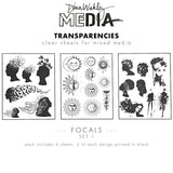 Focals (set 1) - Transparencies ... by Dina Wakley MEdia and Ranger. 6 (six) sheets of clear film printed with black designs, 8.5" x 10.75" in size. Use for creative collage, journaling, bookmaking, scrapbooking, mixed media and other visual arts. Dina Wakley MEdia Transparencies include 6 sheets of clear acetate or plastic film printed with 3 (three) designs featuring beautiful silhouettes and focal points for artwork. There are 2 (two) of each design.