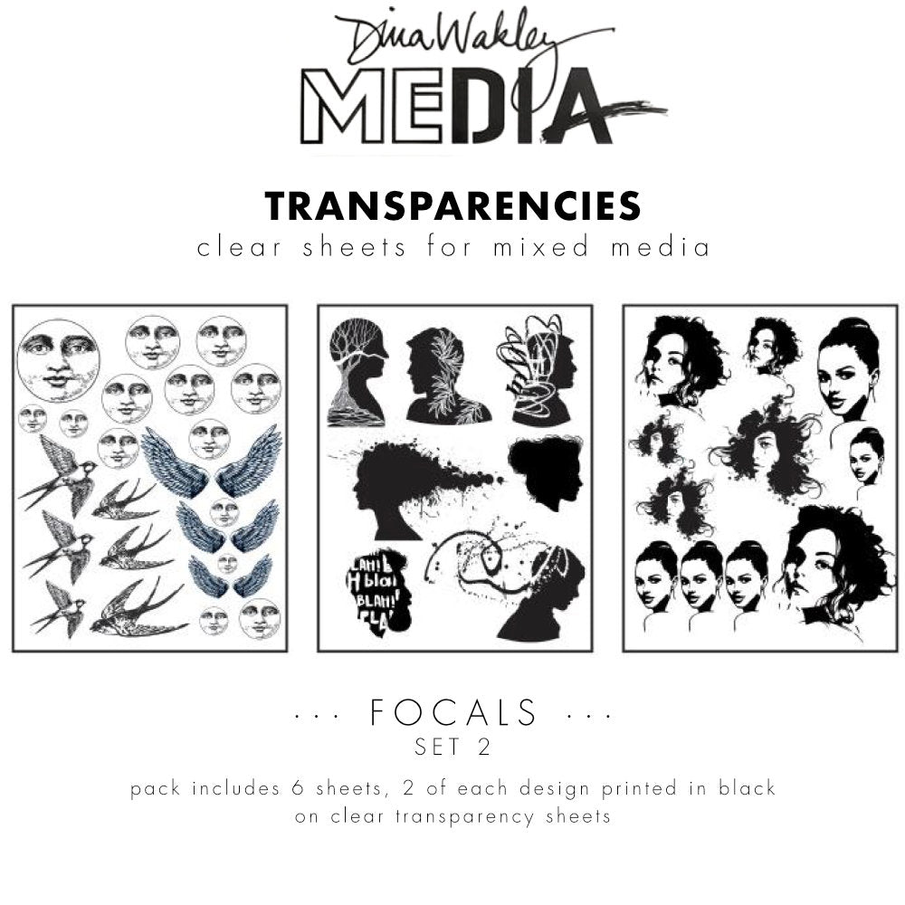 Focals (set 2) - Transparencies ... by Dina Wakley MEdia and Ranger. 6 (six) sheets of clear film printed with black designs, 8.5" x 10.75" in size. Use for creative collage, journaling, bookmaking, scrapbooking, mixed media and other visual arts. Dina Wakley MEdia Transparencies include 6 sheets with a variety of designs on each sheet. Designs are of beautiful silhouettes and focal points for artwork - peaceful moon faces, swallows flying, angel wings, and portraits with artistic flair.